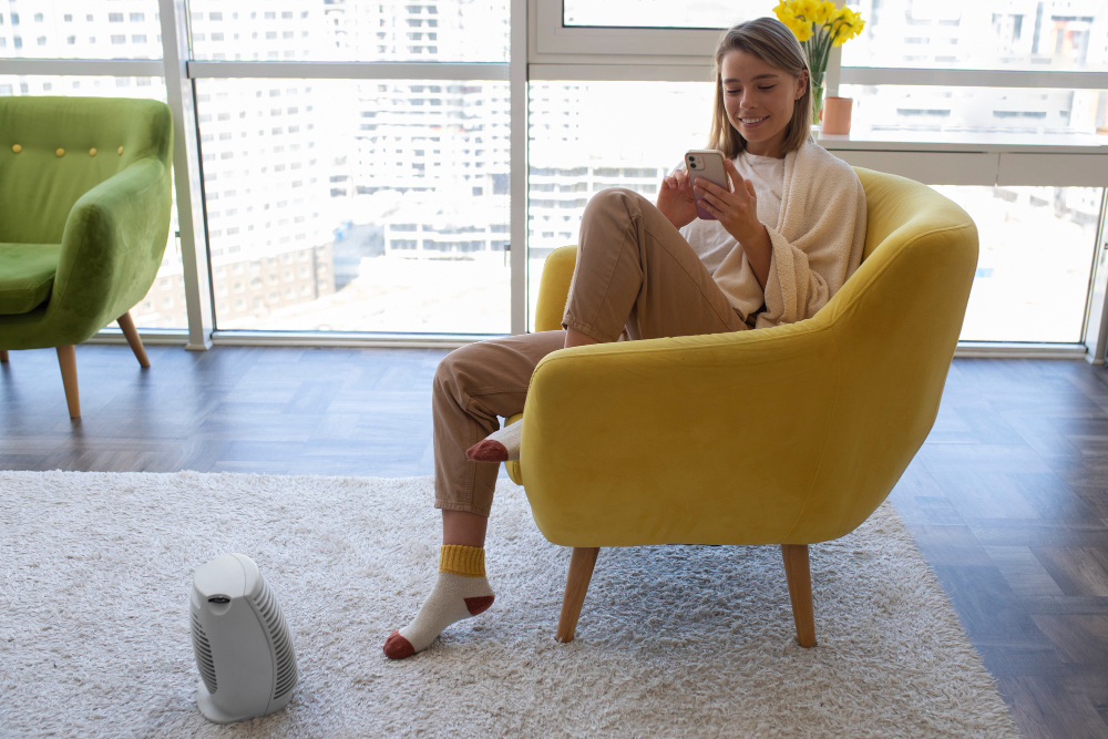 A woman sitting comfortably in a chair, looking relaxed and engaged in her surroundings