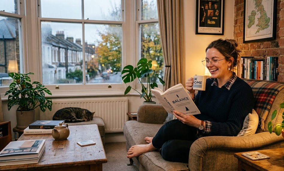 Woman relaxing with book and mug on cosy sofa, with apartment window view and cat sleeping nearby