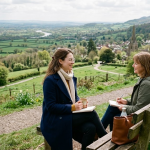 Two women sitting on a bench enjoying a scenic countryside view and having a chat with notebooks in hand