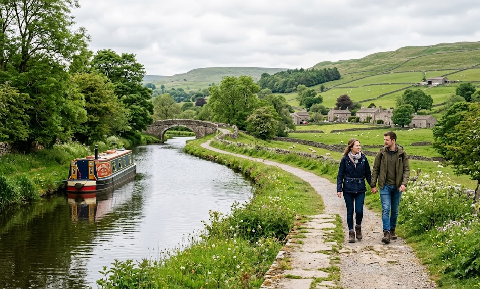 A couple walks along a scenic canal path in the Yorkshire Dales countryside with a narrowboat and stone bridge nearby
