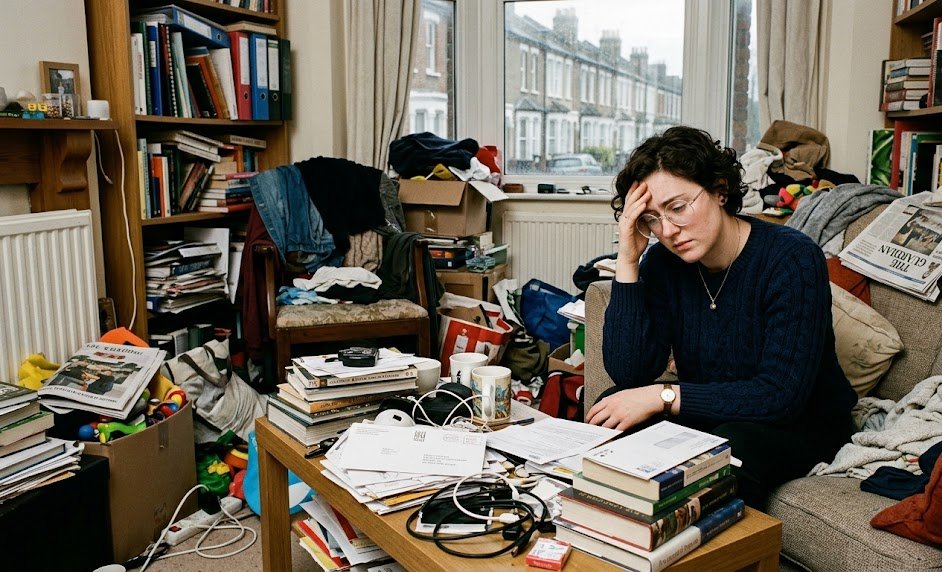 Person stressed at a cluttered desk in a messy living room with books and papers scattered around