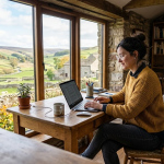 Woman working on laptop in cosy home office with scenic countryside view through large window