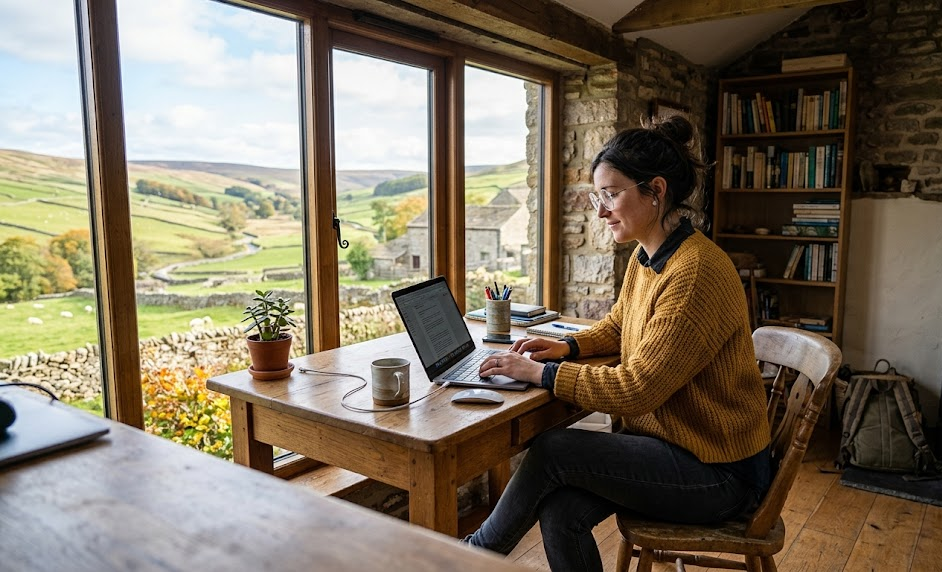 Woman working on laptop in cosy home office with scenic countryside view through large window