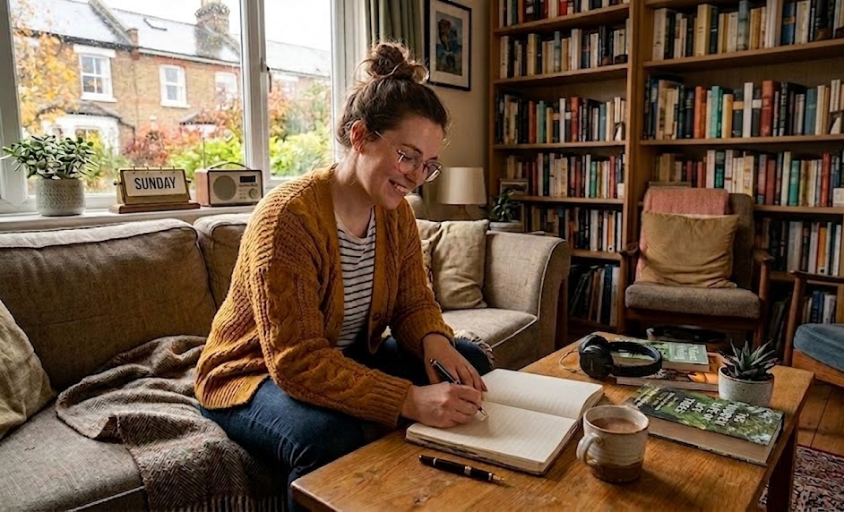 Woman in cosy living room writing in notebook on a wooden coffee table, surrounded by bookshelves and a cup of tea