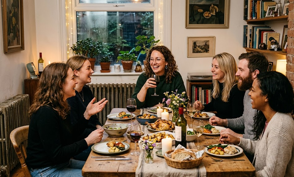 Group of friends enjoying a cosy dinner party with wine and laughter around a candlelit table in a warmly decorated room