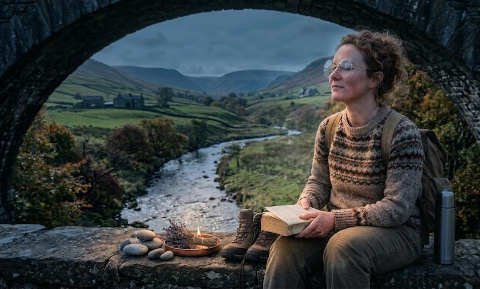 Woman reading a book by a river in scenic countryside under a stone bridge with hiking gear nearby