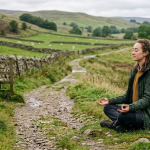 Woman meditating on countryside path in Yorkshire Dales with backpack, stone walls and river in the background