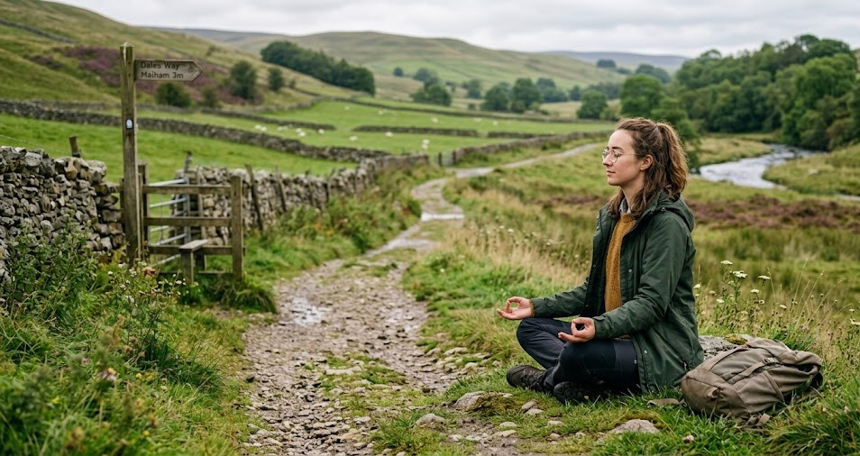 Woman meditating on countryside path in Yorkshire Dales with backpack, stone walls and river in the background