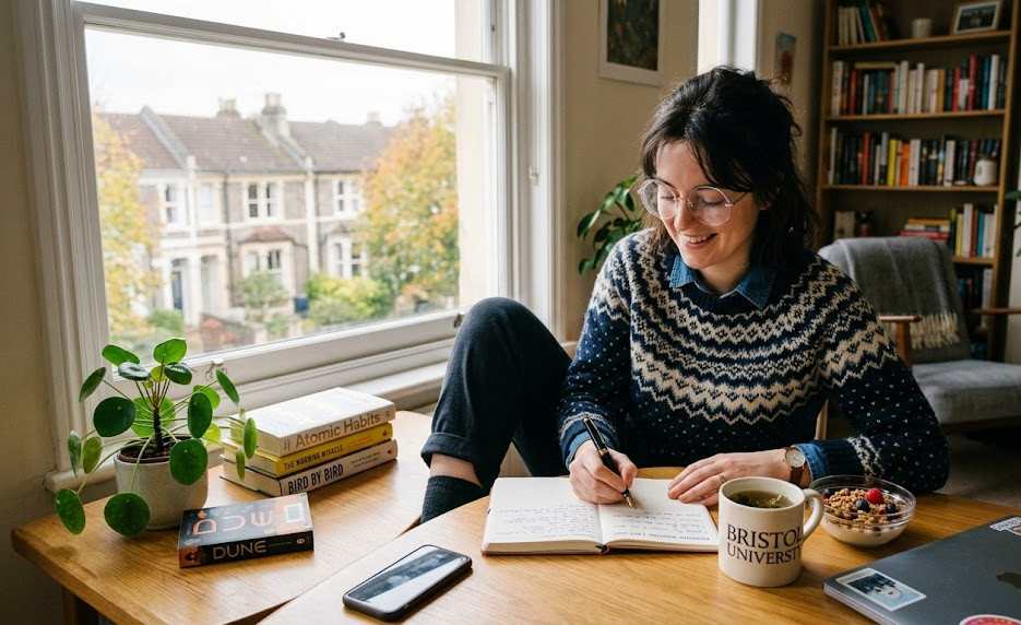 Person writing in a notebook at a cosy desk with books, tea, and bowl of fruit, near a window with a view of houses