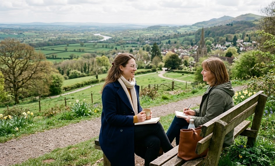 Two women sitting on a bench enjoying a scenic countryside view and having a chat with notebooks in hand
