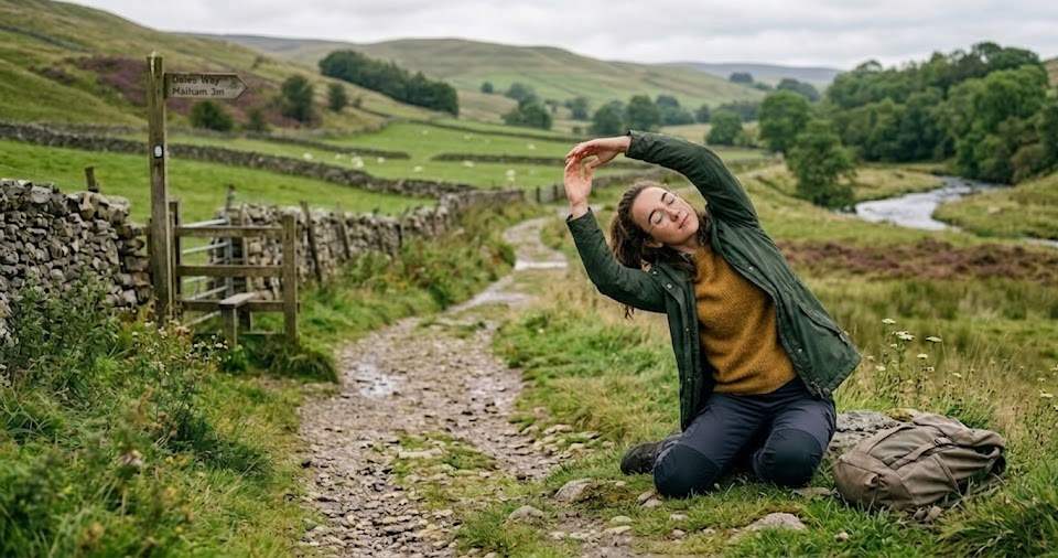 Woman stretching in countryside, sitting by stone path with scenic hills and river in background, next to Dales Way signpost