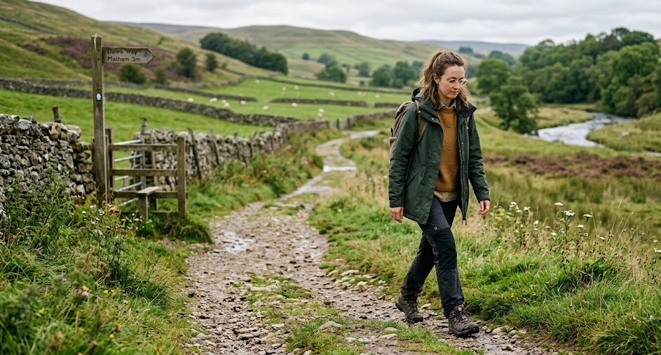 Woman walking on a scenic countryside path along Dales Way with rolling hills, stone walls, and river views