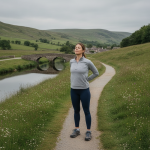 Woman enjoying a peaceful walk in countryside, standing on path near stone bridge over river, surrounded by lush green hills