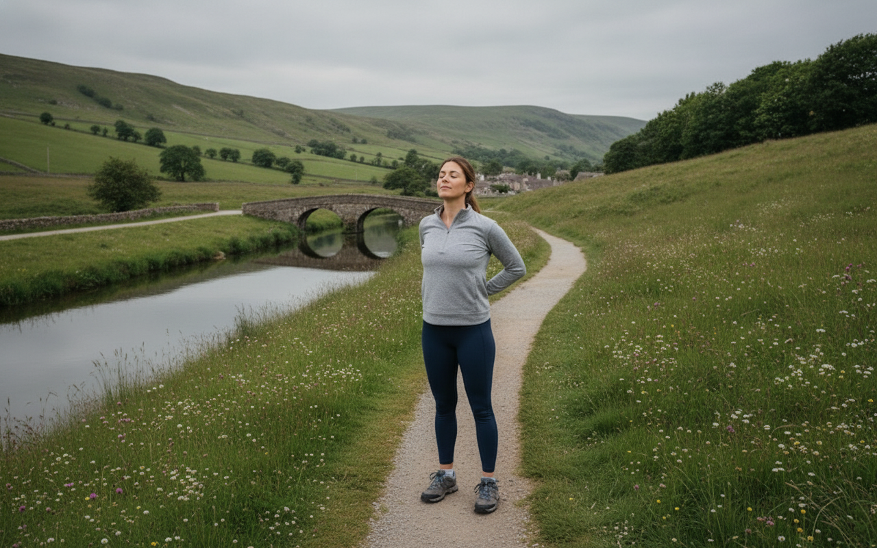 Woman enjoying a peaceful walk in countryside, standing on path near stone bridge over river, surrounded by lush green hills
